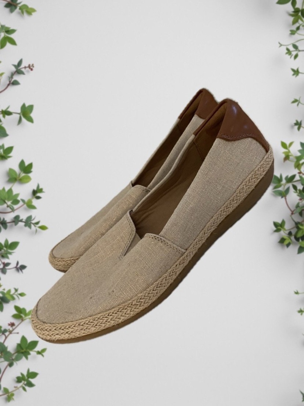 Clarks Beige Slip-On Loafers with Brown Heel Trim
